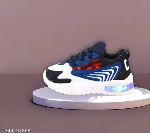 Casual kids' sports shoes, lightweight with LED features and velcro closures, suitable for outdoor activities in black and red colors