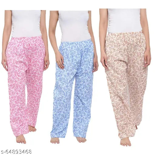 Pink, blue and white printed cotton track pants for women
