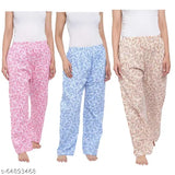 Pink, blue and white printed cotton track pants for women