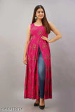 Pink rayon sleeveless floral print frontslit kurta for women, Indian fashion on mannequin