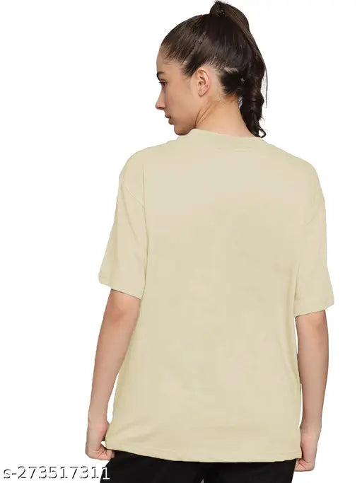 Beige cotton blend oversized half sleeve women's trendy t-shirt