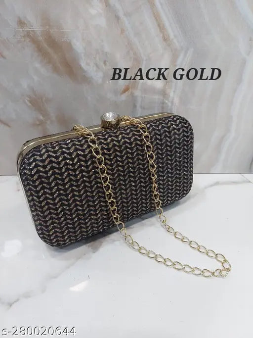 Black and gold woven clutch purse, metallic chain accents