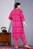 Rayon Pink Kurti with Patiala, three-quarter sleeves, dyed/washed net pattern on V-neck, Aaliya cut tupliet work, India origin