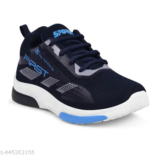 Blue and white gym sneakers for boys or men, stylish sport walking shoes with lace closure