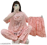 Imported summer cotton-blend nightsuit, printed net pyjamas with short sleeves and XL size (Top bust 42in, Top length 25in, Bottom waist 38in, Bottom length 36in) from India
