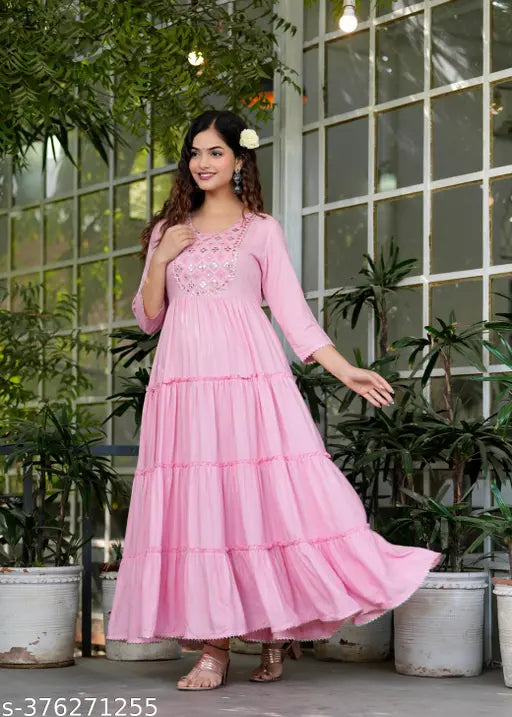 Rayon Anarkali Kurti with Mirror Sequence Embroidery, traditional Indian long length dress, available in S, M, L, XL, XXL, XXXL