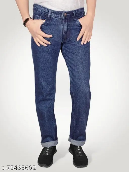 Just black men's straight dark blue cotton jeans - regular fit, non-stretchable, sizes 32-48 (India origin)