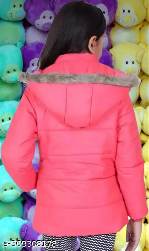 Pink puffer coat with fur trim on hood