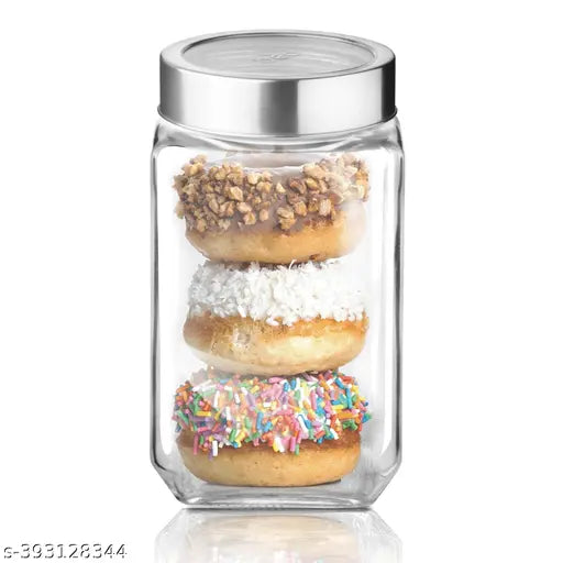 Transparent glass cube jar with silver lid, ideal for storage of grains, spices, and more.