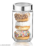Transparent glass cube jar with silver lid, ideal for storage of grains, spices, and more.