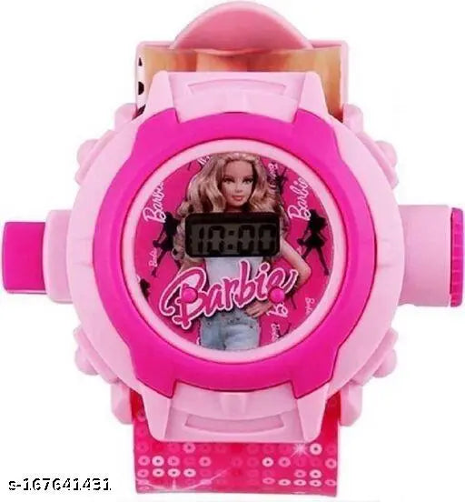 Pink digital watch with Barbie logo and 24-hour cartoon image projector, for kids