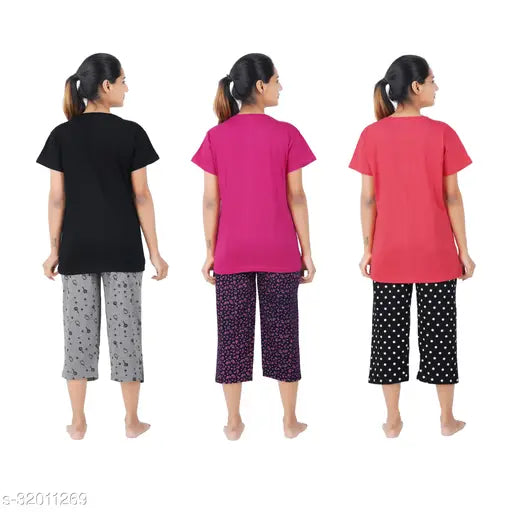 Yellow printed cotton capri pyjama set, cool cat live rust smile pattern for women's loungewear