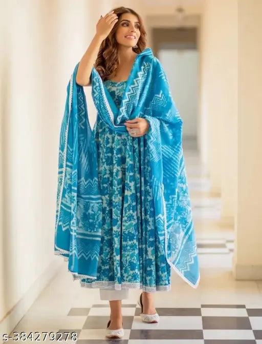Rayon Anarkali sleeveless kurta with dupatta set, vibrant festival-ready print on Indian origin for party wear