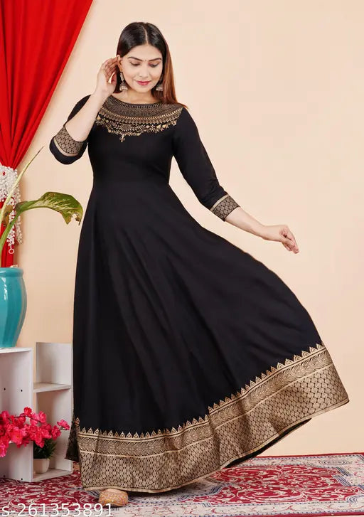 Black, long-sleeved kurta with golden floral print