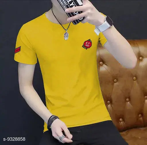 Trendy yellow cotton rose patch t-shirt, short sleeves, printed design on front, size S-XXL, made in India