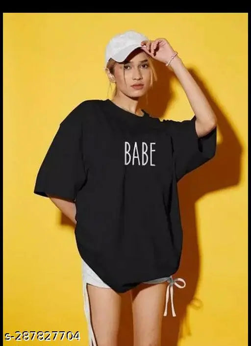 Black 'BABE' printed half sleeve oversized boxy fit t-shirt for women and girls, urban casual fashion everyday wear