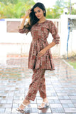 Designer cotton blend co-ords set with long sleeves and cropped pants, embossed foil prints, ankle length, trendy, durable, Chanderi cotton, India