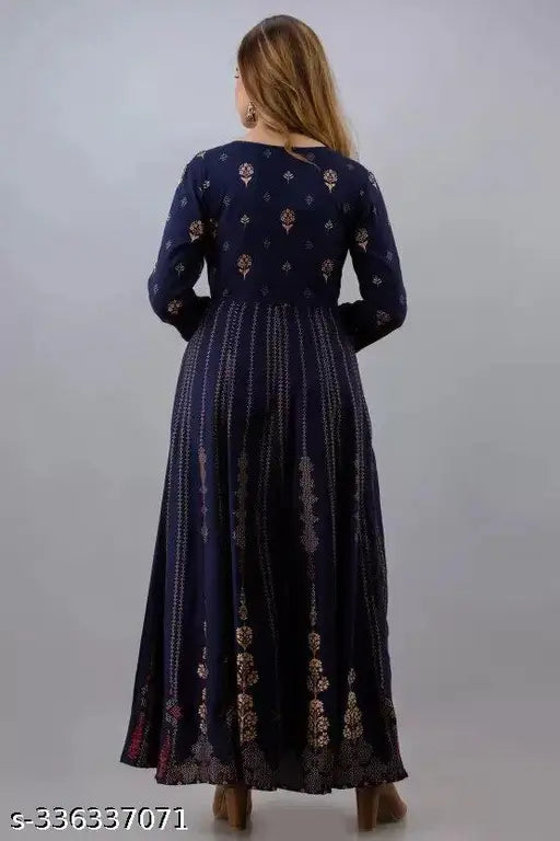 Rayon anarkali kurti gown in gold buti print, three-quarter sleeves, trending Indian fashion for women, various sizes available
