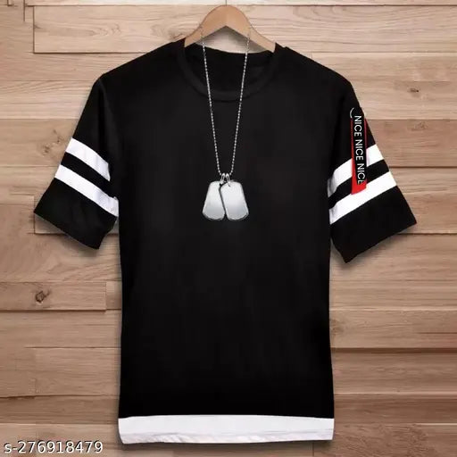 Casual cotton-blend hip hop t-shirt for men, black and mustard color, three-quarter sleeves, size L, India origin