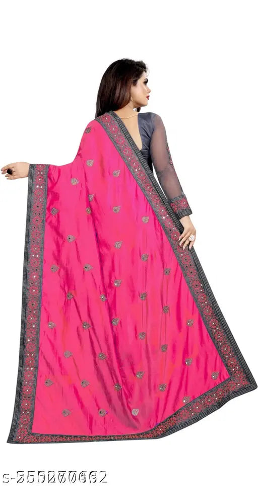 Vichitra silk saree with kuchi embroidery, free size, 5.5m length, running blouse, satin silk blouse