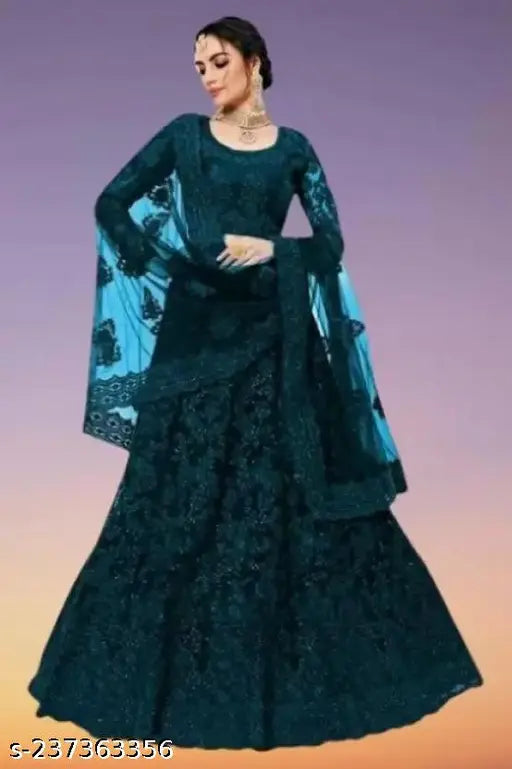 Embroidered acrylic lehenga set with net dupatta, semi-stitched (42waist/46length), Indian craftsmanship