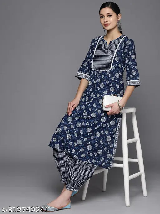 Blue Jaipuri-printed pure cotton kurta and palazzo set, 100% cotton for women's traditional Indian fashion