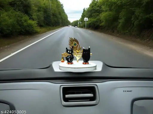 Black & White Mini Krishna Hand Flute Idol for Car Dashboard or Office Table - Exquisite resin statue showcasing protective blessings of Lord Krishna