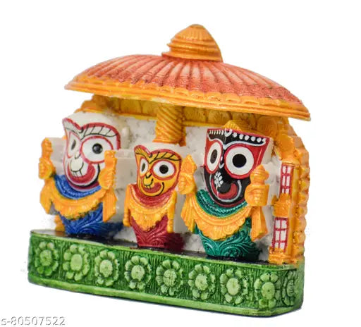 Multi-colored marble idol of Lord Jagannath, Balaram, Subhadra for home decor or car dashboard, 9 cm (Indian handicraft)