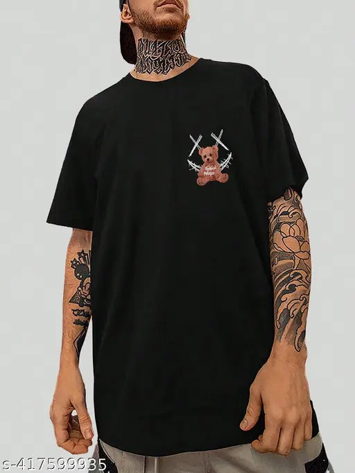 Hidden Brooks men's black cotton graphic oversized tee, three-quarter sleeves, printed design, casual wardrobe essential