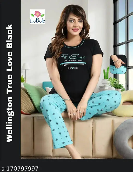 Wellington rib cotton night suit top and bottom - printed pyjamas and t-shirt in short sleeves