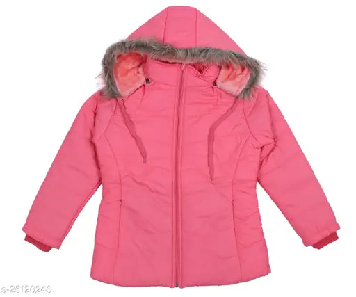 Pink winter coat with full sleeves, fur trim and zip closure