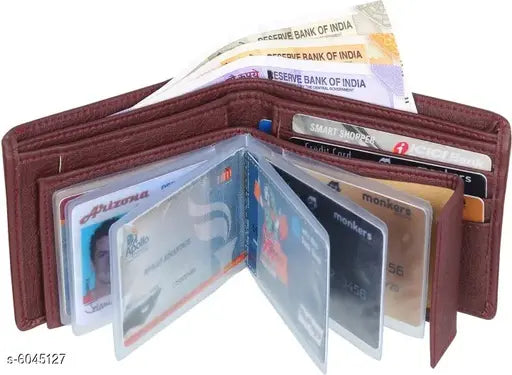 Stylish brown two-fold leather men's wallet, solid pattern, 2 compartments, free size (11cm x 5cm), trendy accessory from India