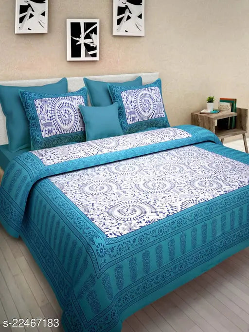 Jaipuri cotton double bedsheet (90X100), tribal print, 144 thread count, 2 pillow covers. High-quality Indian-made sheet for summer