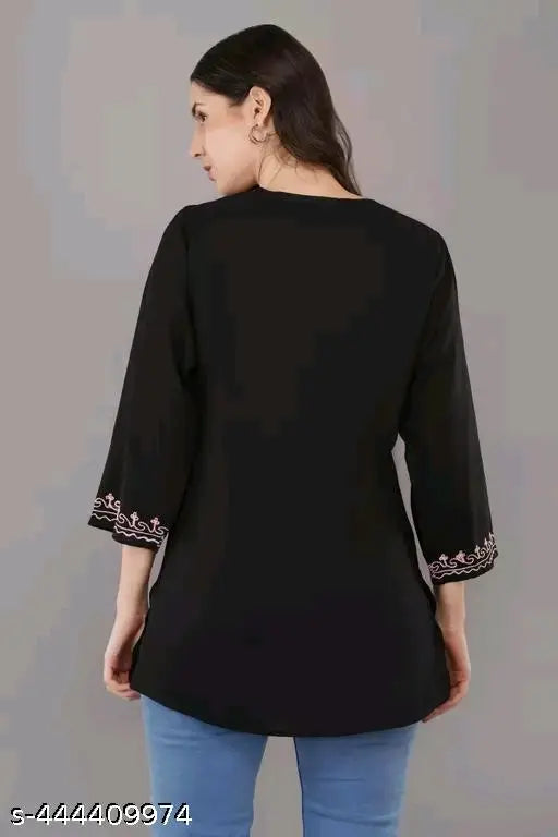 Hand-embroidered Rayon Chikankari kurta top, trendy and stylish for women, three-quarter sleeves, Lucknow origin