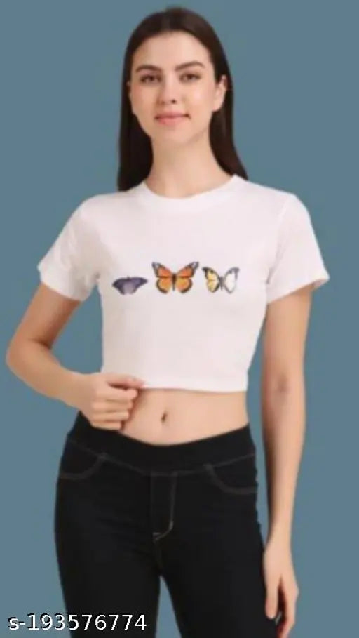 Trendy cotton blend crop t-shirts, pack of 4 for girls' casual wear, printed pattern