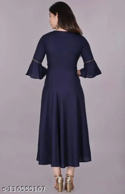 Navy blue rayon Akarsha Anarkali kurti, traditional Indian women's fashion with three-quarter sleeves