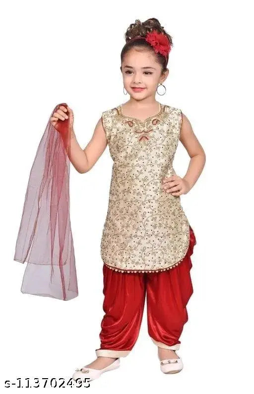 Marron and gold cotton Patiala suit for baby girl and kid girl - stylish sleeveless VNeck with A-line dhoti pants, embroidered pattern, best for weddings, ceremonies, parties, birthdays, festivals