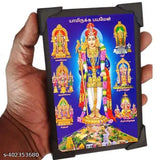 Gold brass Ayyappa om vilakku 3-in-1 Murugan photo, intricate Indian religious decor piece
