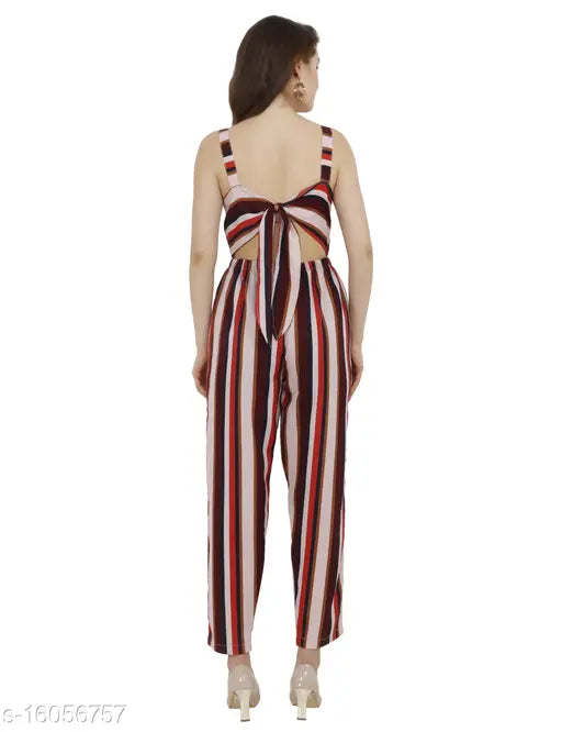 Comfy striped polyester sleeveless women's jumpsuit, vibrant partywear fashion from India