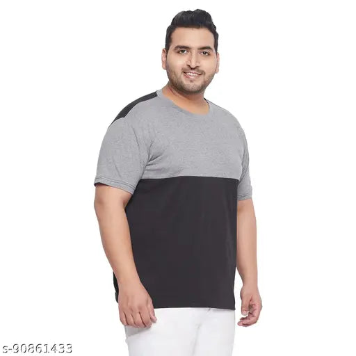 Black plus size colorblocked round neck t-shirt, short sleeves in super combed cotton - bigbanana clover design, India