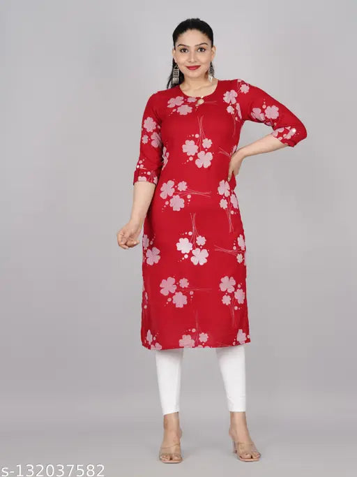 Rayon floral straight kurta, three-quarter sleeves, printed combo. Rayon women's fashionable kurta for girls, India origin