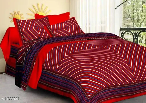 Jaipuri Print polycotton double bed sheets set with 4 Lahriya & Jaipuri pattern pillow covers, Indian handcrafted bedding for queen size beds
