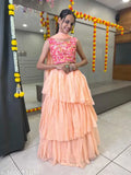Embroidered art silk ruffule lehenga choli & net dupatta for women, intricate lace detailing