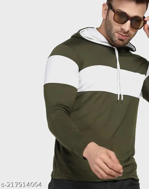 Olive green and white cotton blend men's color block hoodie, long sleeves, comfortable fit - perfect for casual wear or layering