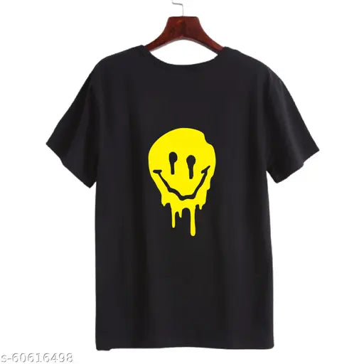 Black short-sleeve cotton smiley t-shirt, 100% Cotton, standard fit, round neck, Made in India