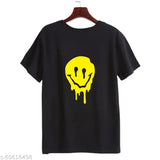 Black short-sleeve cotton smiley t-shirt, 100% Cotton, standard fit, round neck, Made in India