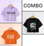 Trendy printed crop cotton-blend tee shirt, feminine design, short sleeves, size S (XS, M also available)