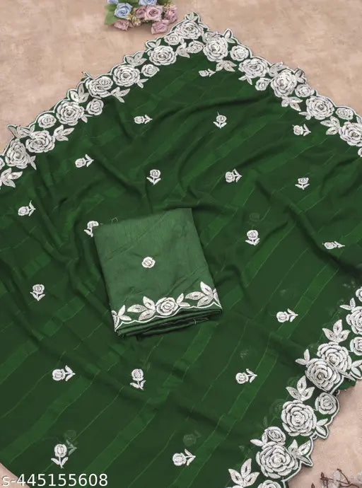 Green and white sequined thread embroidered sari with blouse