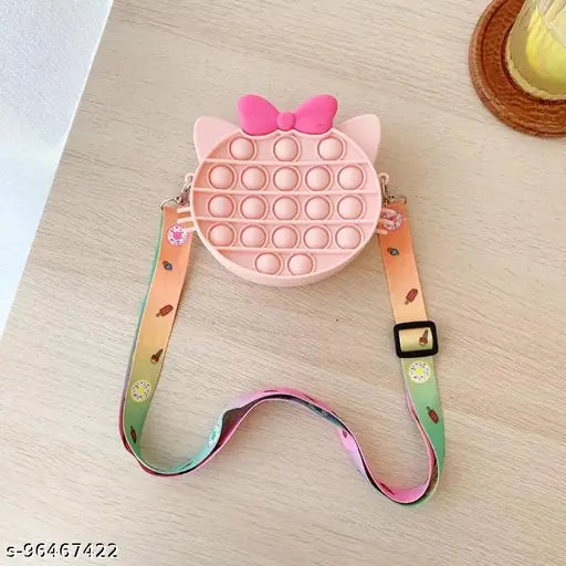 Peach Kiddykin kitty sensory silicone sling bag, reusable fidget toy for kids/boys/girls, single compartment, striped net pattern