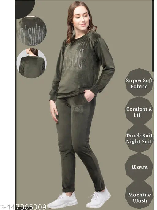Olive velvet pajama set with sweatshirt: women's & girls winter nightwear, soft and cozy velvet fabric, fancy design, gift-worthy